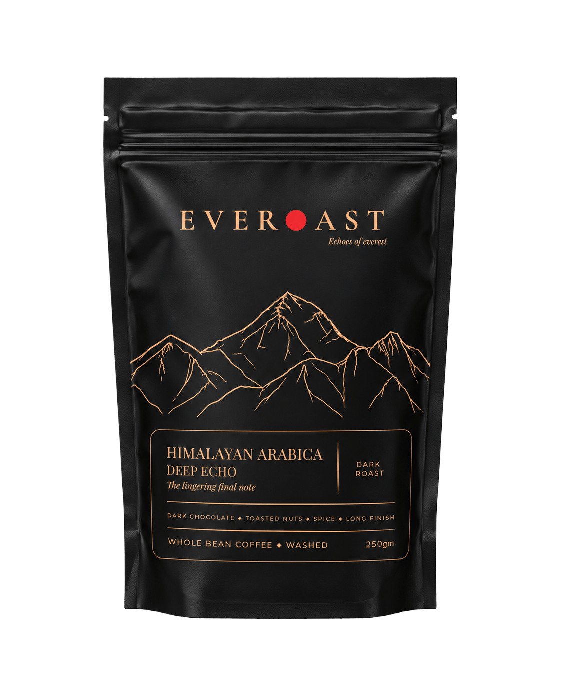 Deep Echo, a 250 g bag of dark roast Himalayan Arabica whole bean coffee